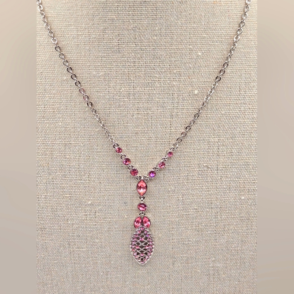GIVENCHY Vintage Silver Tone Necklace Pink Crystal Pendant - Picture 2 of 8